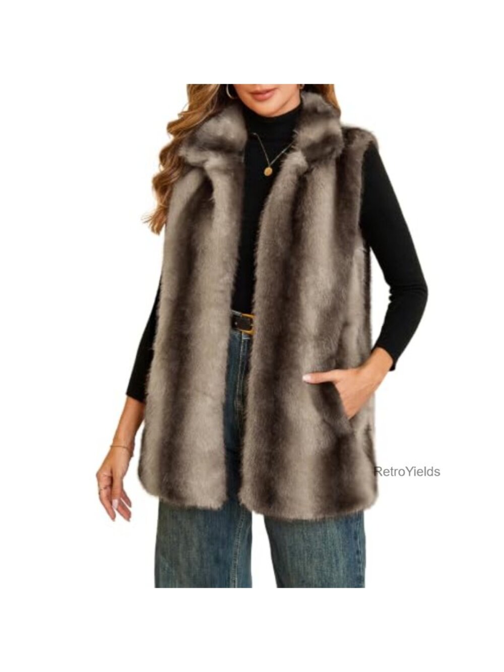 Womens Faux Fur Vest Stand Collar Sleeveless Open Front Cardigan Top